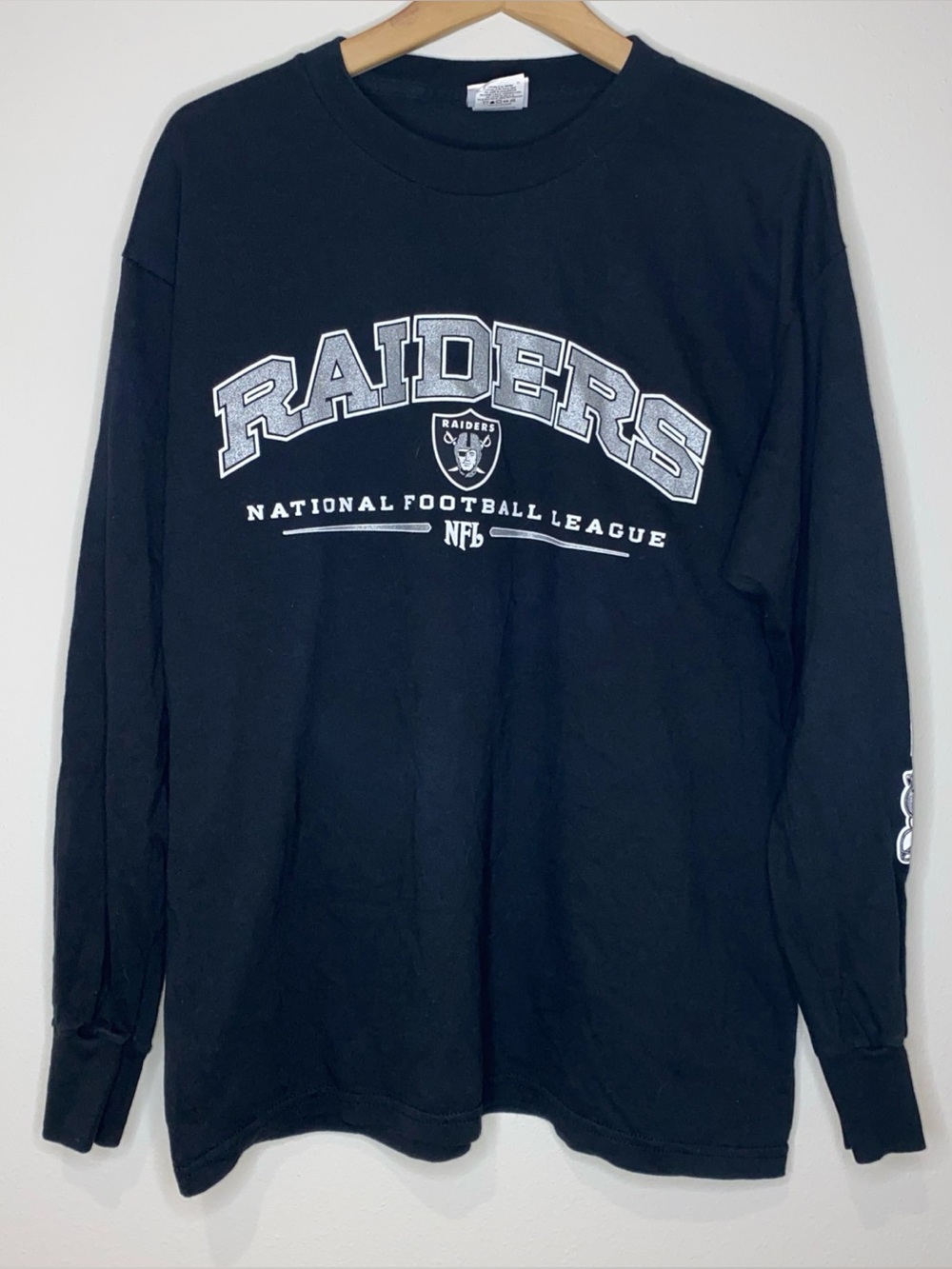 Vintage Raiders NFL Black Long Sleeve Shirt Size L Oakland Las Vegas Spellout
